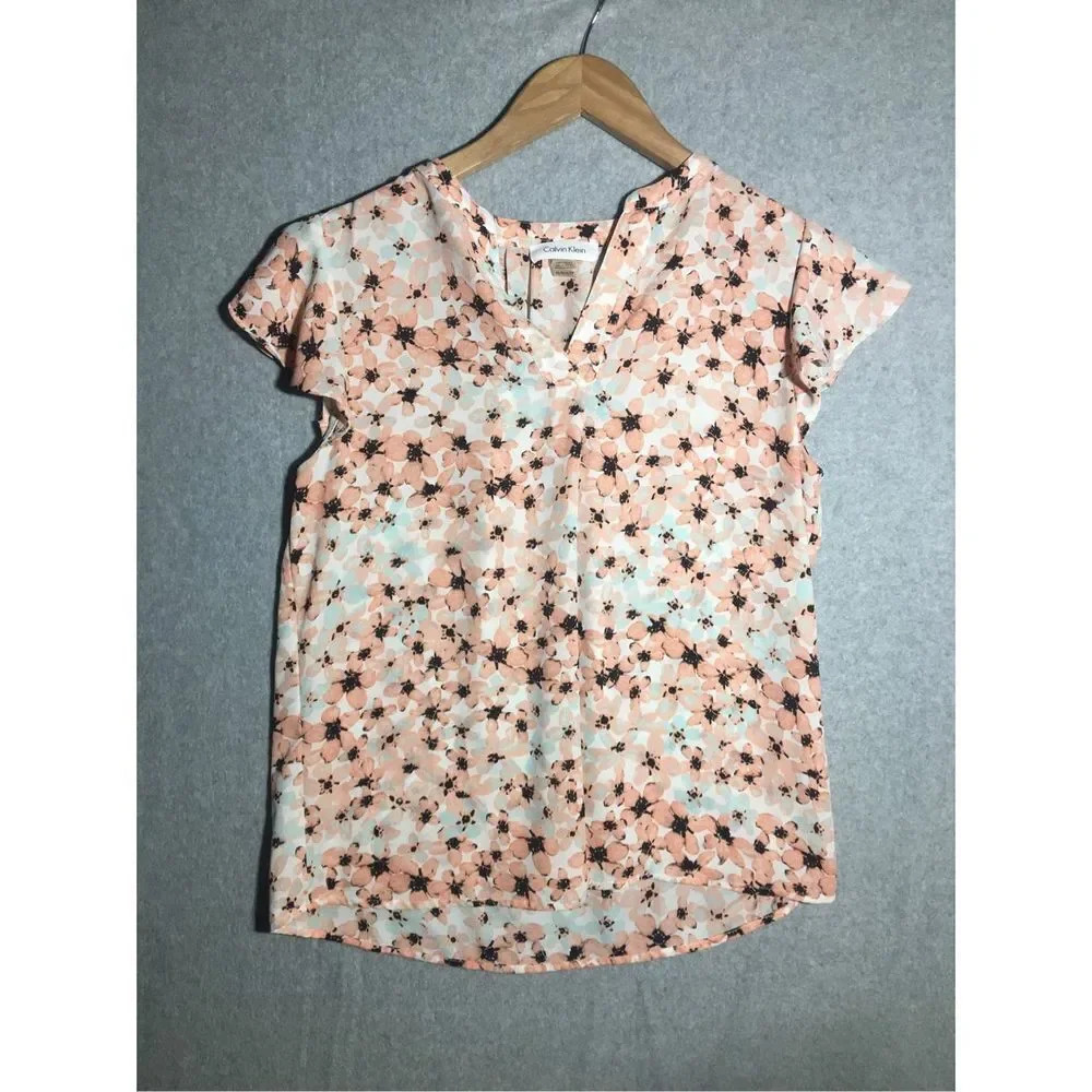 Womens Calvin Klein Blouse Pink Floral V Neck Business Casual Career Sheer